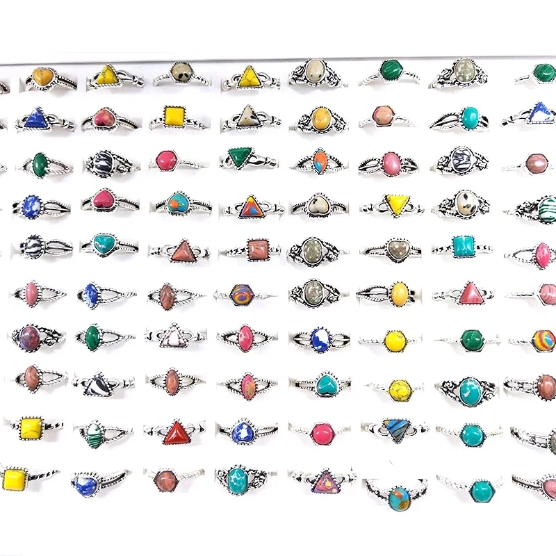 50pcs/Lot Vintage Rings For Women Antique Golden Silver Plated Bohemia Stone Ring Party Gift Fashion Accessories Wholesale Lot