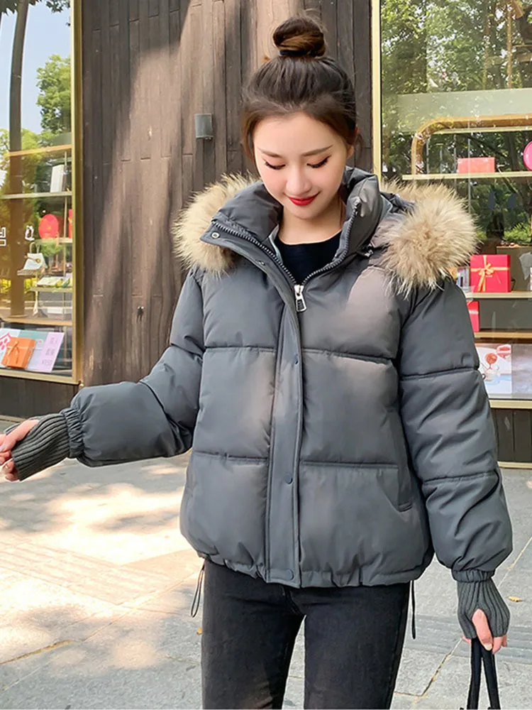 Safari Style Parker Coat Women Winter Short Outdoor Cotton-padded Jacket High Quality Fur Collar Hooded Outerwear Loose Overcoat