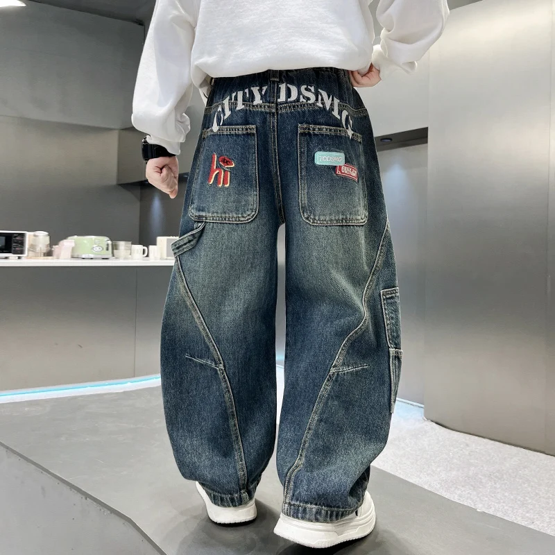 Cool Loose Casual Jeans for Boys Straight Leg Wide Leg Spring Autumn Middle Large Children's Jeans Fashionable And Durable - 4