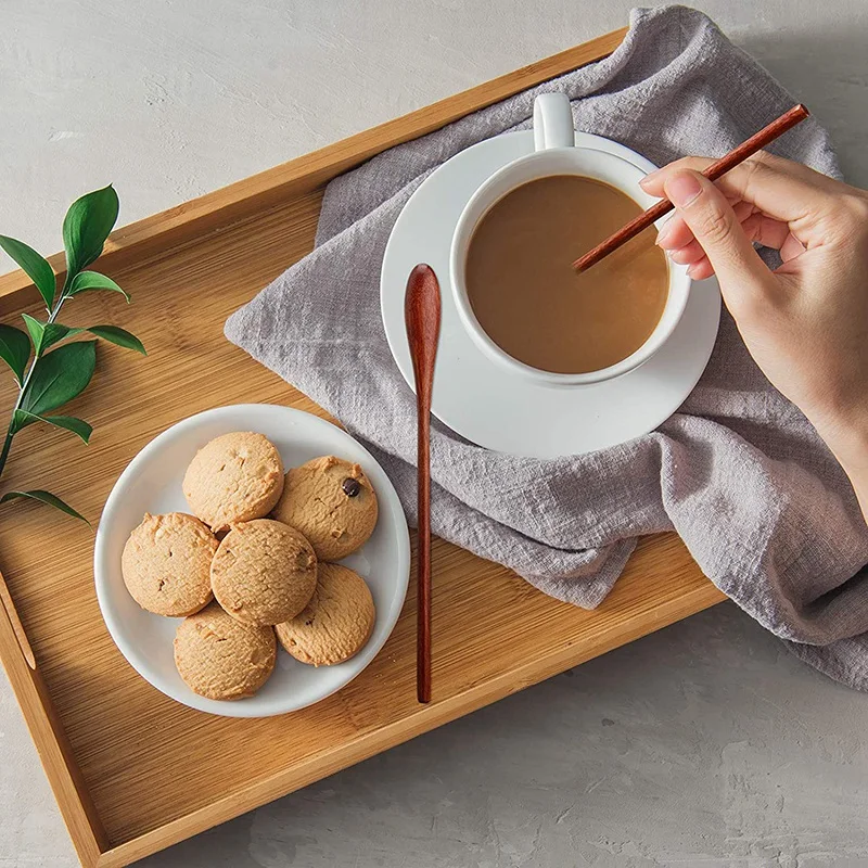 6 Pcs Wooden Coffee Spoon Long Handle Wooden Mixing Spoon Teaspoon Manual Mixing for Kitchen
