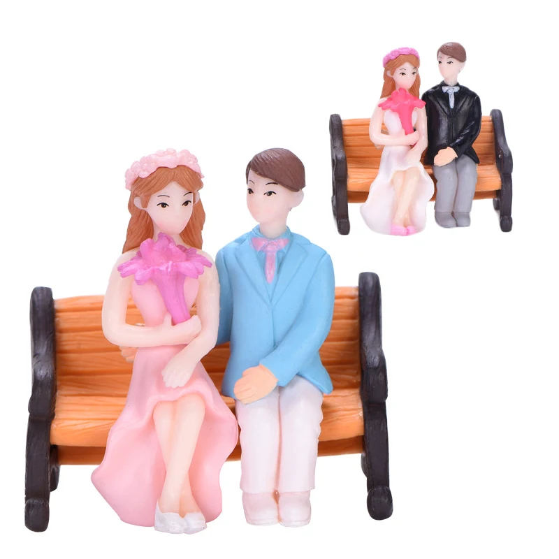 

3Pcs/Set Lover Couple Chair Miniature Figurines Fairy Garden Ornaments Valentine's Day Wedding Stool Couple Plastic Ornaments