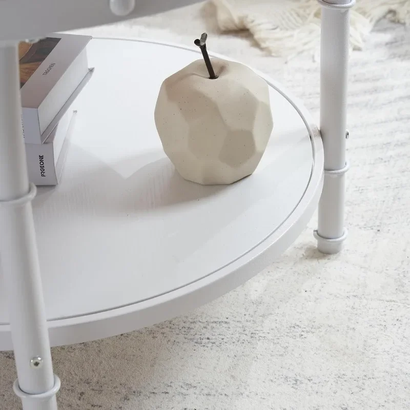 25.6" Natural White Round Farmhouse Coffee Table, 2-Tier Storage Wood Center Circle Accent Table for Living Room 6