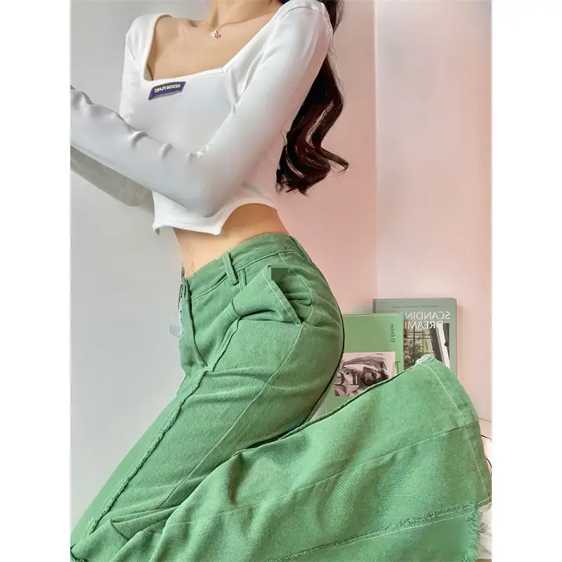 

Green Women Jeans High Waist Vintage Straight Baggy Denim Pants Streetwear American Fashion Wide Leg Denim Trousers Jeans