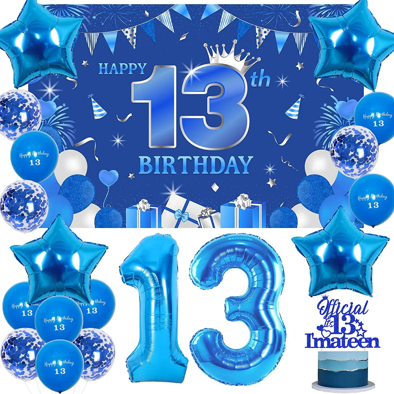 

Happy 13th Birthday Backdrop Decorations Official Its 13 I'm A Teen Blue Star Balloons for Teenager 13 Birthday Party Supplies