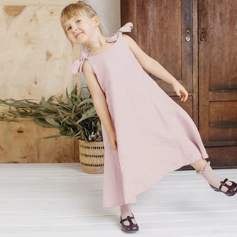 Kids Adjustable Ribbon Linen Dress   Girls Summer Children's Casual Loose Cotton-Linen Lovely Pink Dresses with Pockets and Bows tie for Toddler Girl