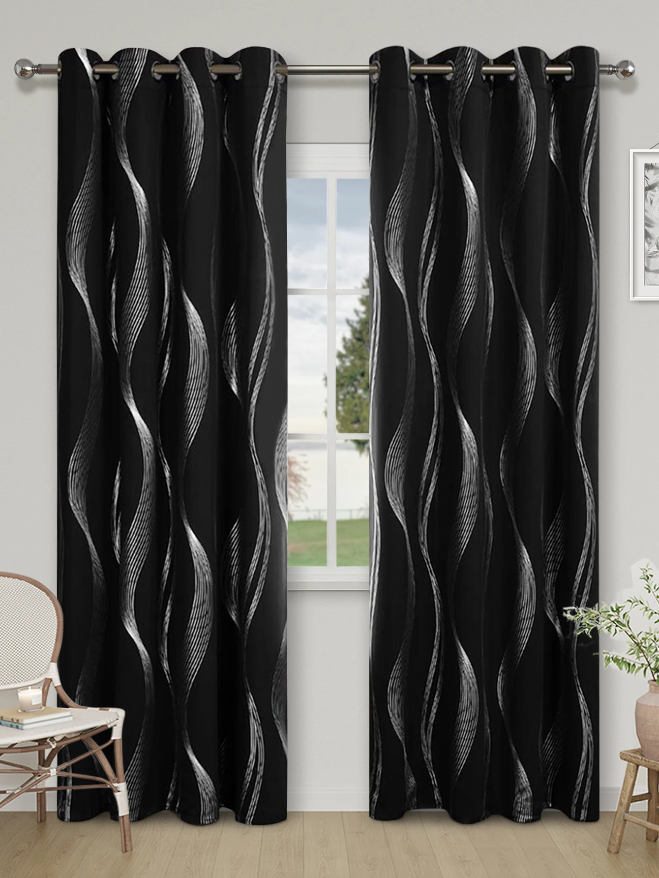 High Precision Blackout Curtains - Silver Embossed Wave Pattern for Light Blocking and Heat Retention