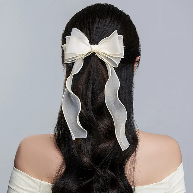 Sweet Women Girls Fairy White Bow Ribbon Hairpin Silk Yarn Clip Hairpin