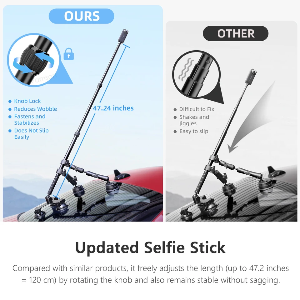 Kit Supporto Auto A Tripla Ventosa Per Action Cam – Bastone Invisibile 1,2m Per Insta360, GoPro, DJI Osmo