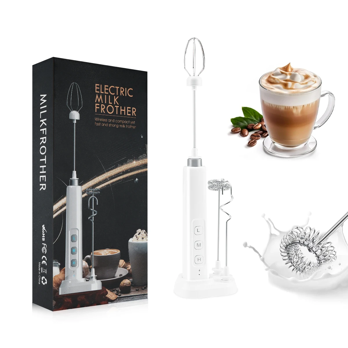 Wireless Rechargeable Electric Milk Frother - 3 Speeds, Handheld Foam thumbnail 3