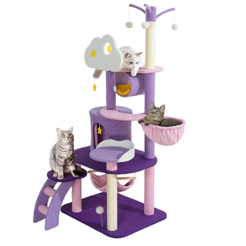 Unique Moon Cloud Cat Tree Tower Cute Cat Houses Sisal Rope Scratching Post Plush Hammock Multi-Level Purple Tree