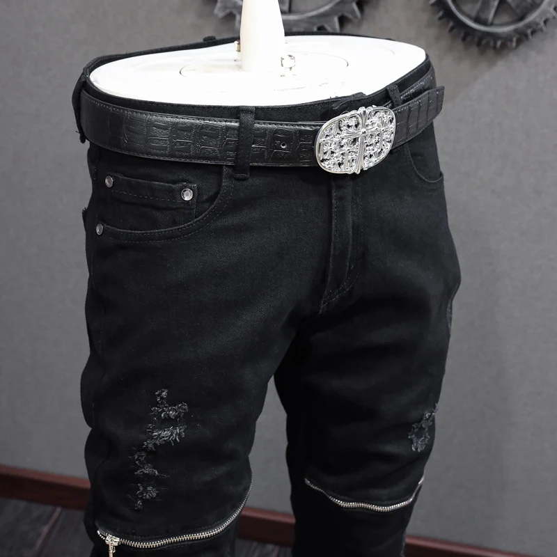 High Street Fashion Men Jeans Black Elastic Stretch Skinny Ripped Jeans Men Zipper Designer Spliced Hip Hop Punk Pants Hombre