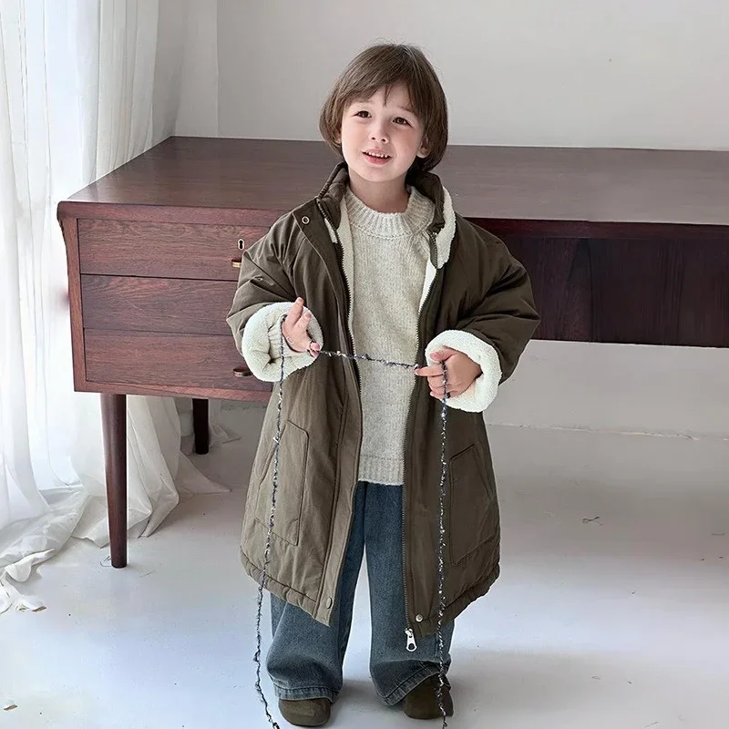 Children Thicken Plush Cotton Clothing Coats Autumn Winter Long Warm Boys Girls Baby Jacket Simple Fashion Korean Kids Outerwear