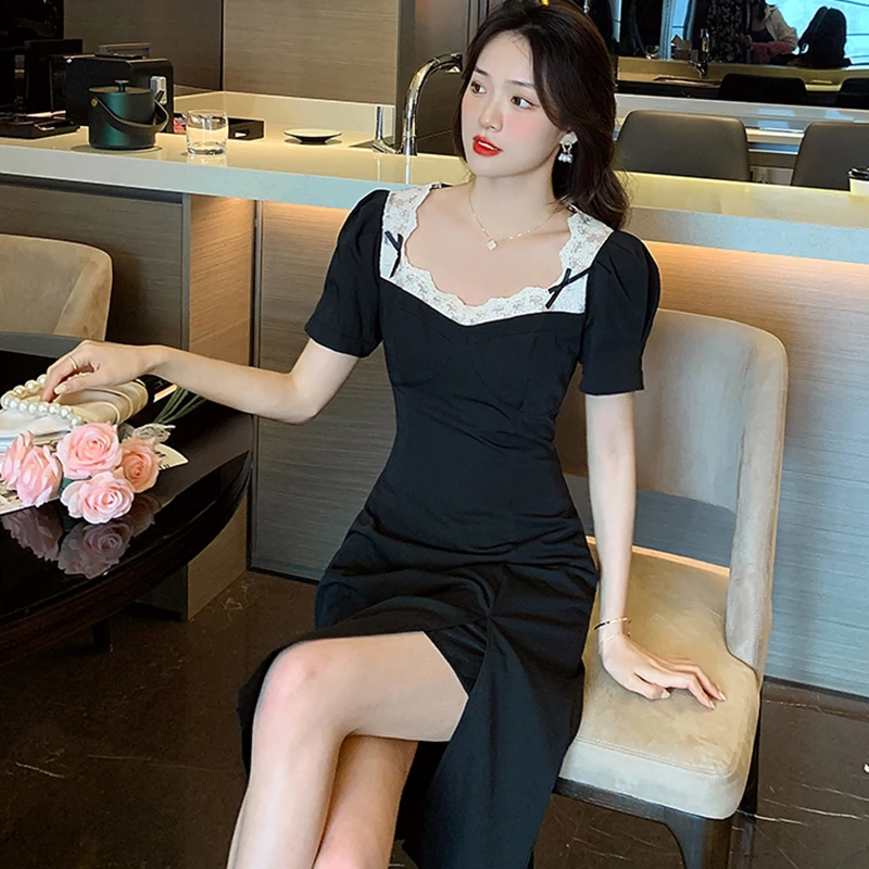 

Summer Black Casual Lace Backless Sexy Club Y2K Midi Dress 2023 Women Korean Vintage Chic Elegant Bodycon Party Evening Vestidos