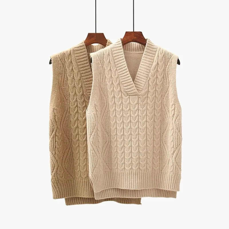 

2024 Women Spring Loose Net Twist Pullover Sweater Vest Women Red V-neck Waistcoat Wool Knitted Vest Solid Color Slit Knitwear