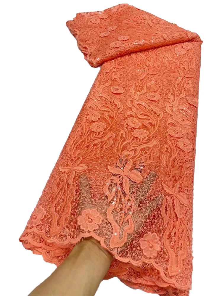OrangeFrenchLaceFabric3DCordLaceWithSequinsAfricanLaceFabric