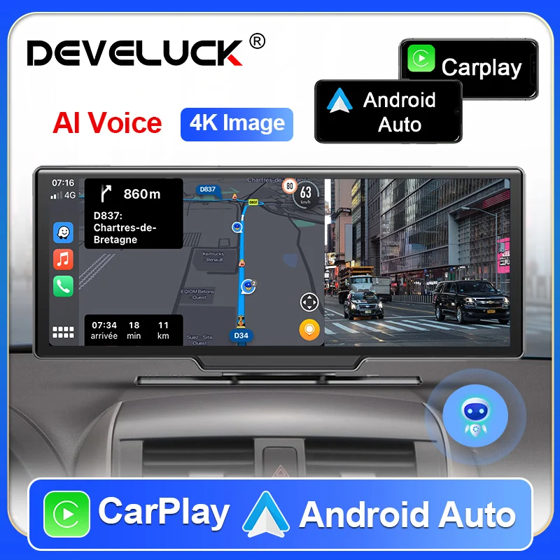 Devenuck-Espejo de 10,26 pulgadas para coche, grabación de vídeo, Carplay inalámbrico y Android, conexión automática, navegación GPS, salpicadero, DVR, voz AI