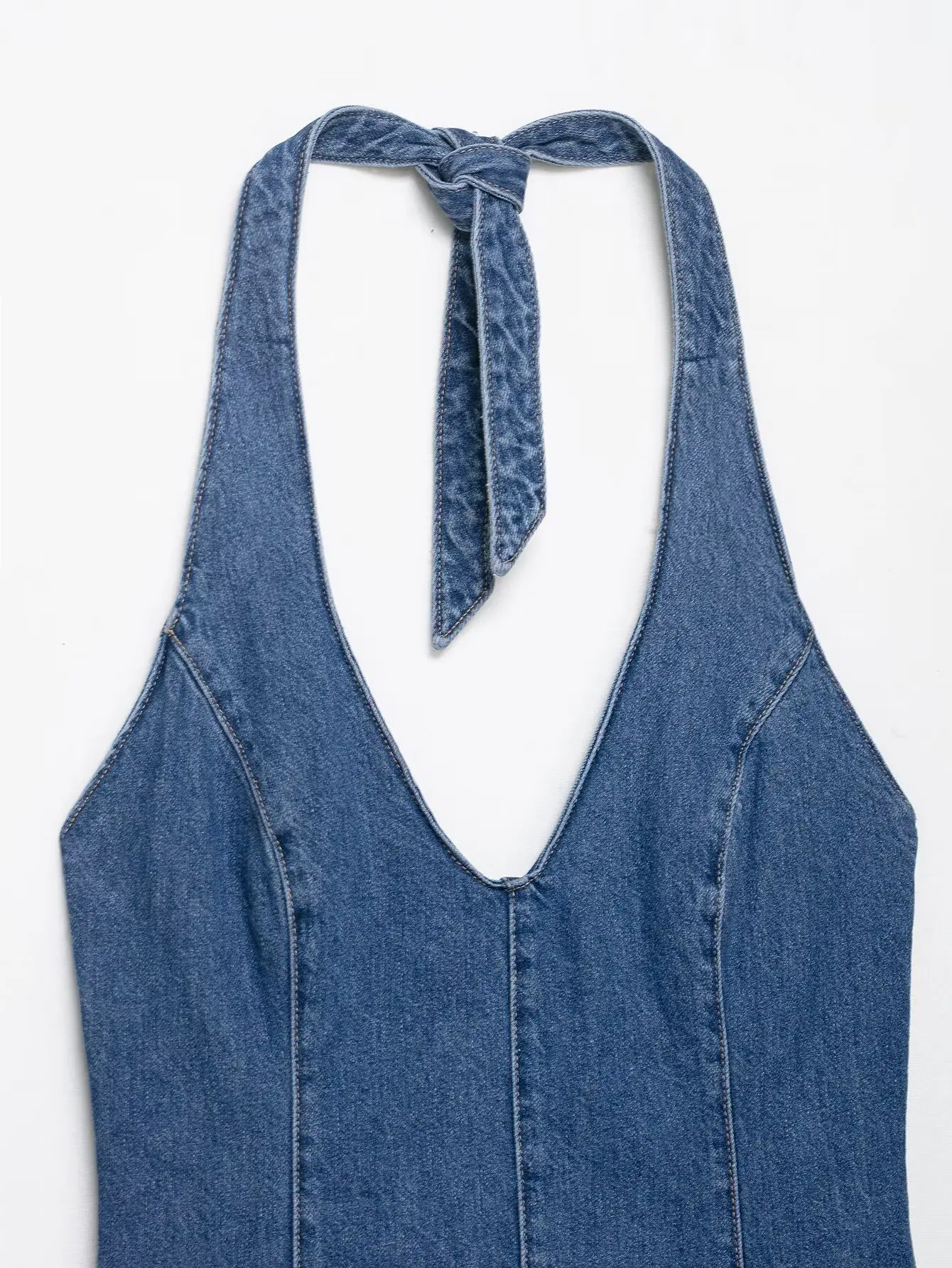 Women Elegant V Neck Backless Denim Halter Maxi Dress Sleeveless Off Shoulder Long Dresses Lady Fashion Casual Street Vestidos