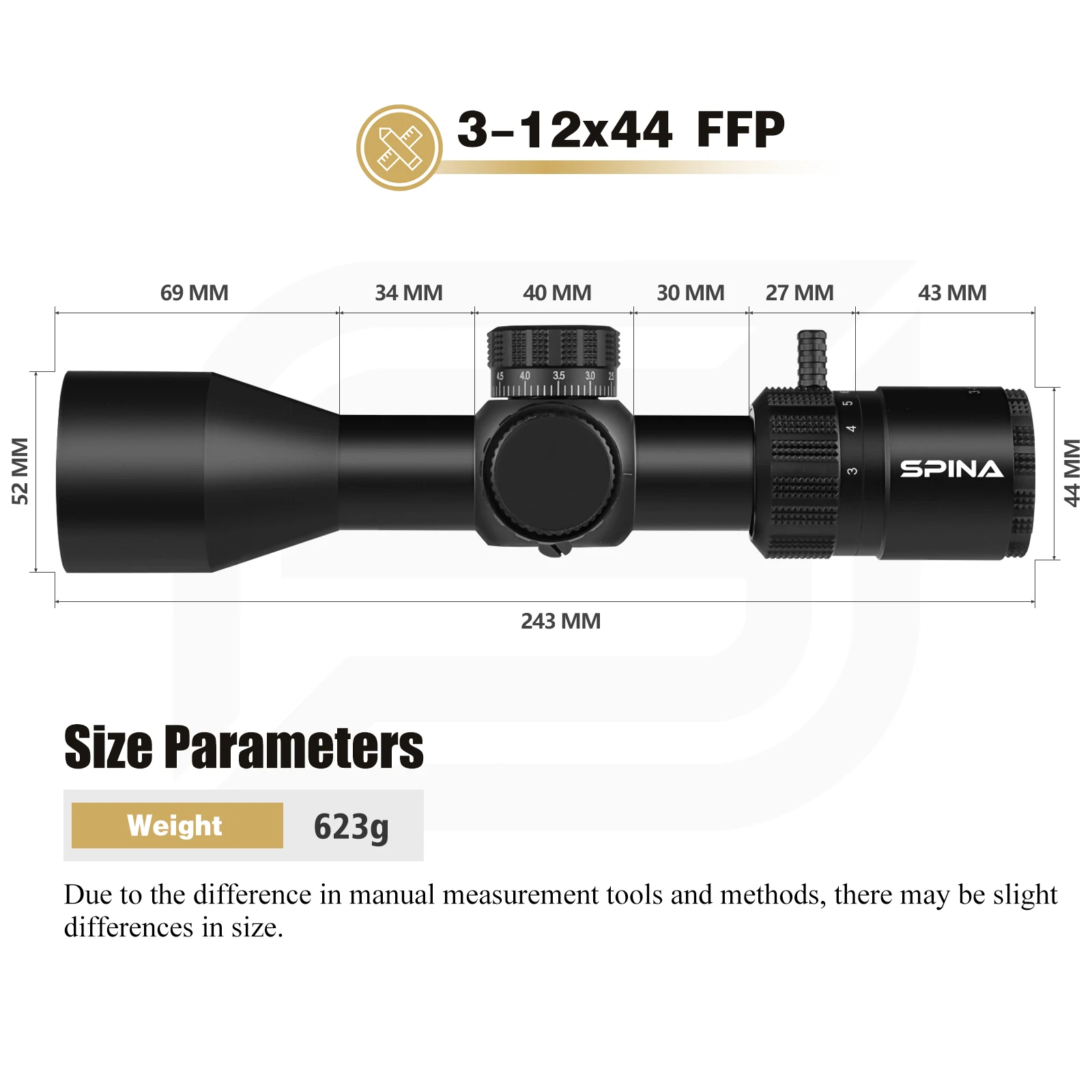 HD 3-12x44 FFP Compact Rifle Scope Sight Tactical Hunting Turrets Lock Reset Side Parallax Quickly Shooting Sight SPINA OPTICS spotting scope