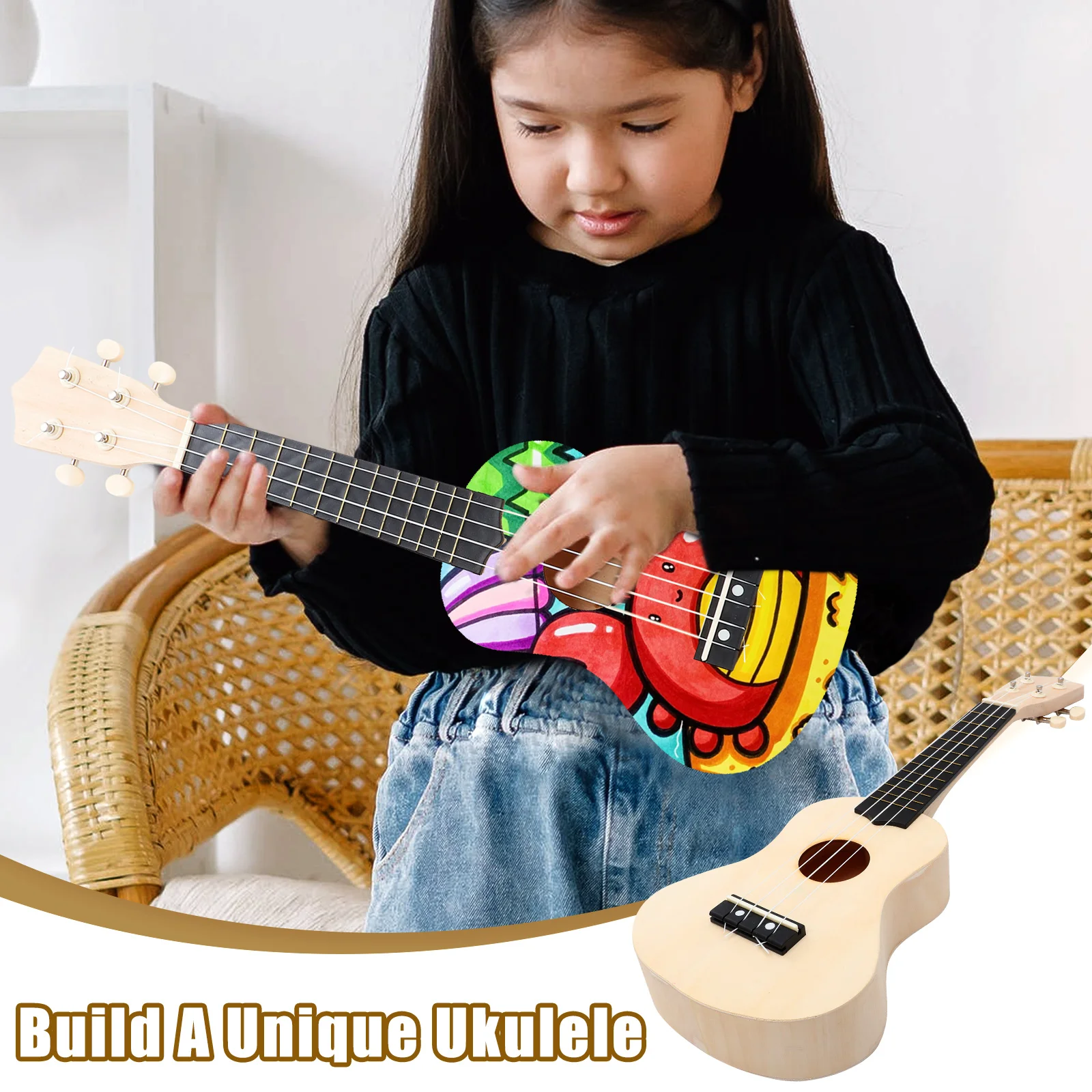 Ukulele Set Ukulele Diy Kit Hawaii Ukulele Kit Make Your Own Hand Painting Guitar Assembling Children Art Project Beige