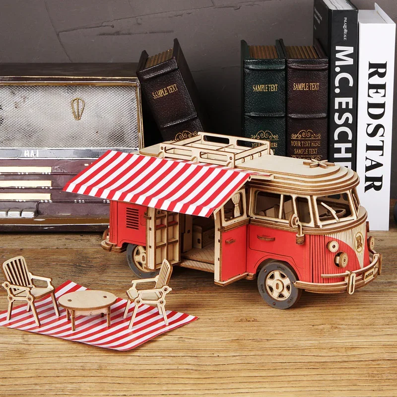 DIY Manual Assembly Model Car Wooden Retro Bus 3D Puzzle Camper Van Children Boy Girl Gift Educational Toys Home Decoration 4