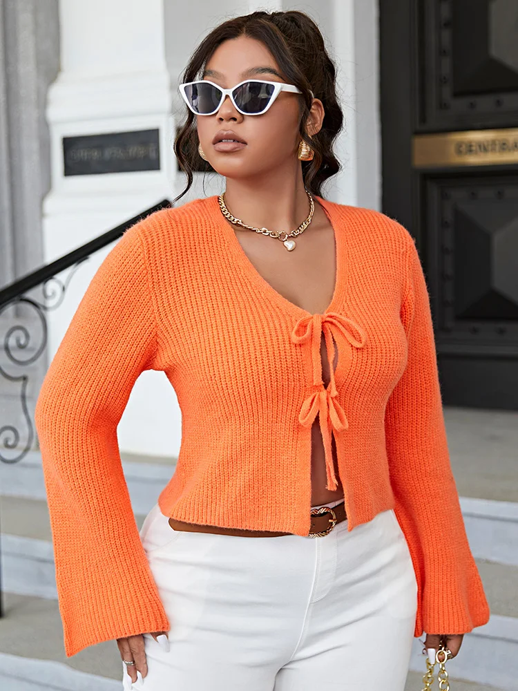 Onelink Plus Size Solid Orange Long Bell Sleeves Sexy Lace