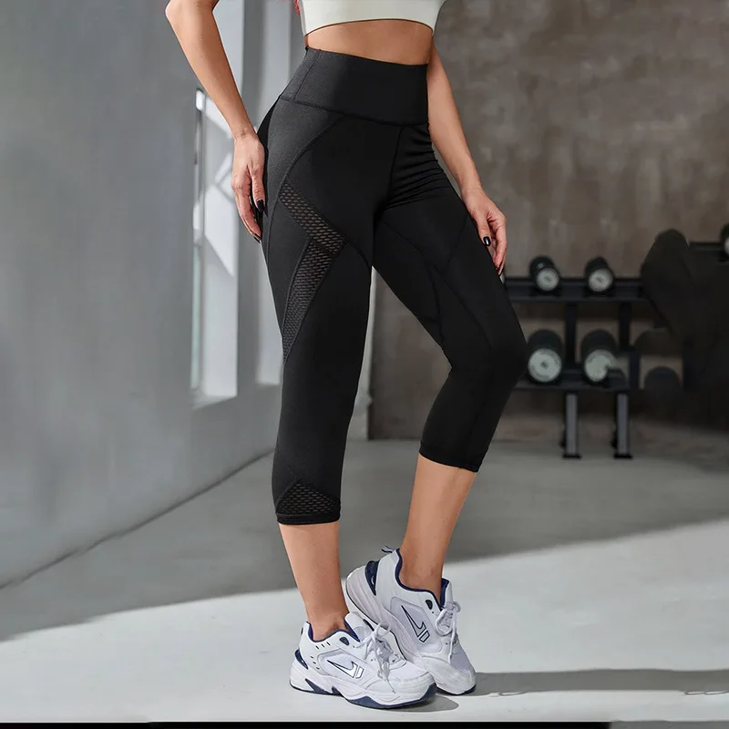 Mesh High Waist Yoga Pants Capri Leggings Women Tummy Control Workout Capri Leggings Women