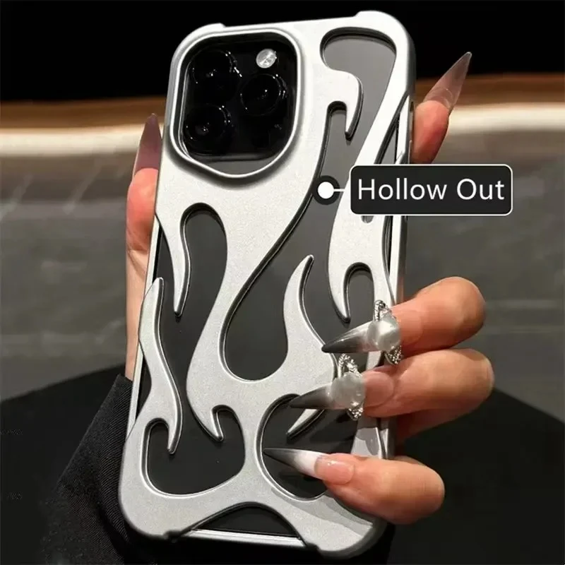Luxury Matte Hollow Out Flame Phone Case For iPhone 16 17 15 14 13 11 12 Pro Max Plus Air Soft Dissipate Heat Bumper  Back Cover