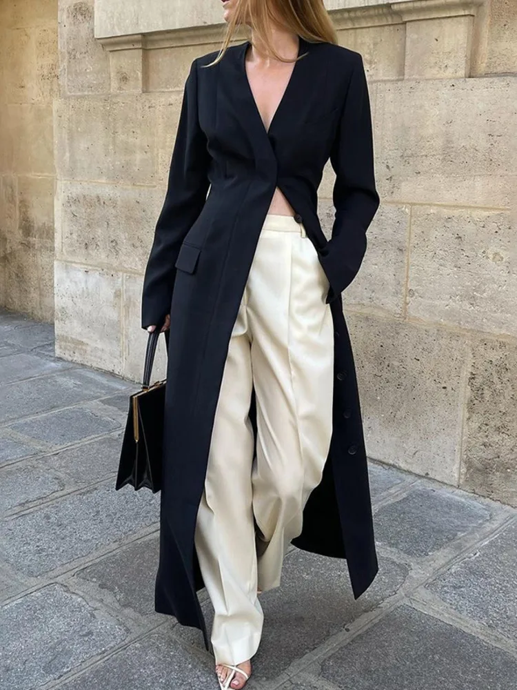 DEAT Fashion Women's Trench Coat No Collar Long Sleeves