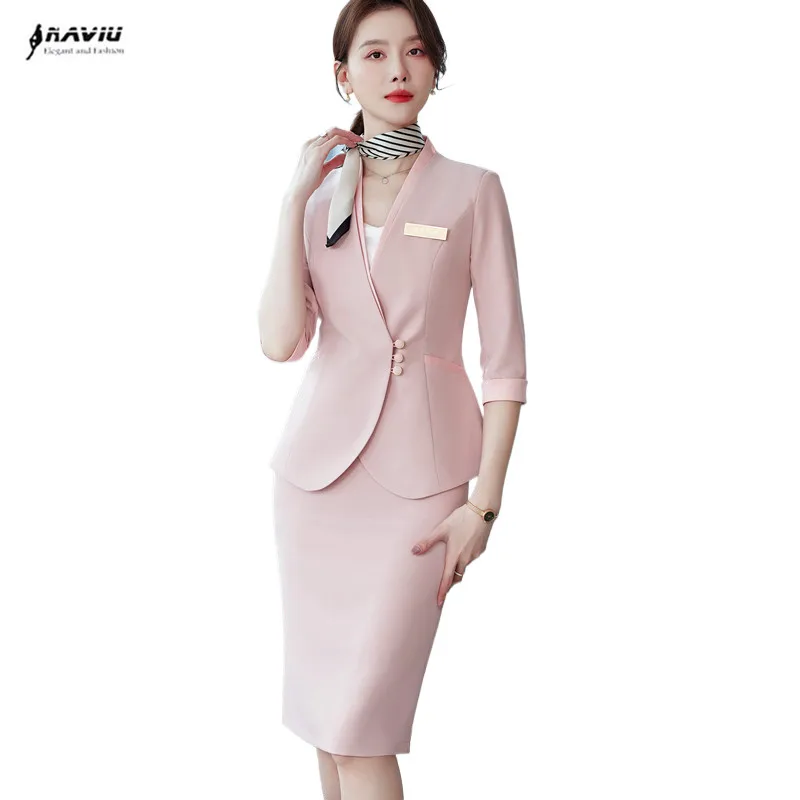 

NAVIU Pink Women Suit Skirt Set Single Breasted Half Sleeve Blazer And Pencil Skirt Formal Office Uniform For Professional Women