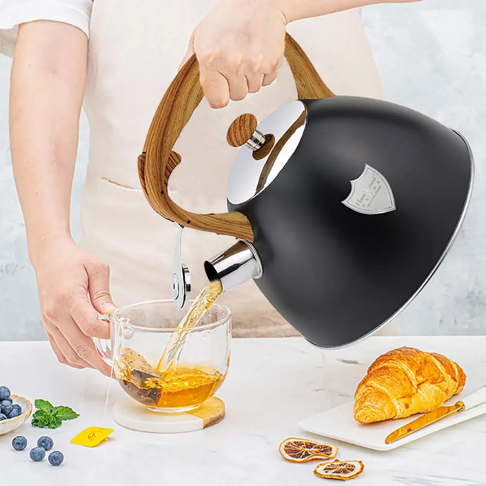 Creative Home 12 Cups Satin Finish Stainless Steel Whistling Tea Kettle Teapot with Ergonomic Simple-Touch to Open Handle