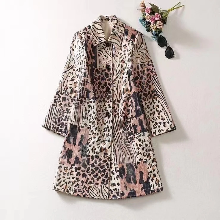 

European and American women's clothing 2023 autumn new style Long sleeve lapel leopard print patchwork fashion Trench coat XXL