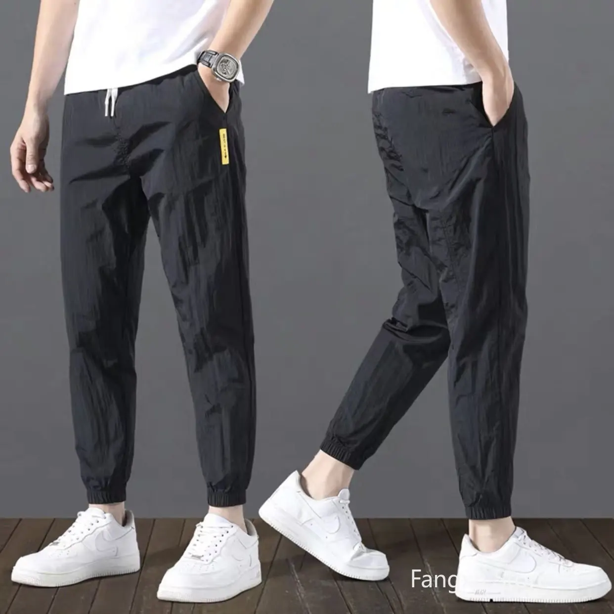

Men's Ice Silk Trousers Solid Mid-Waist Loose Breathable Straight-Leg Casual Thin Large Size Pocket Work Pants Trousers M-5xl