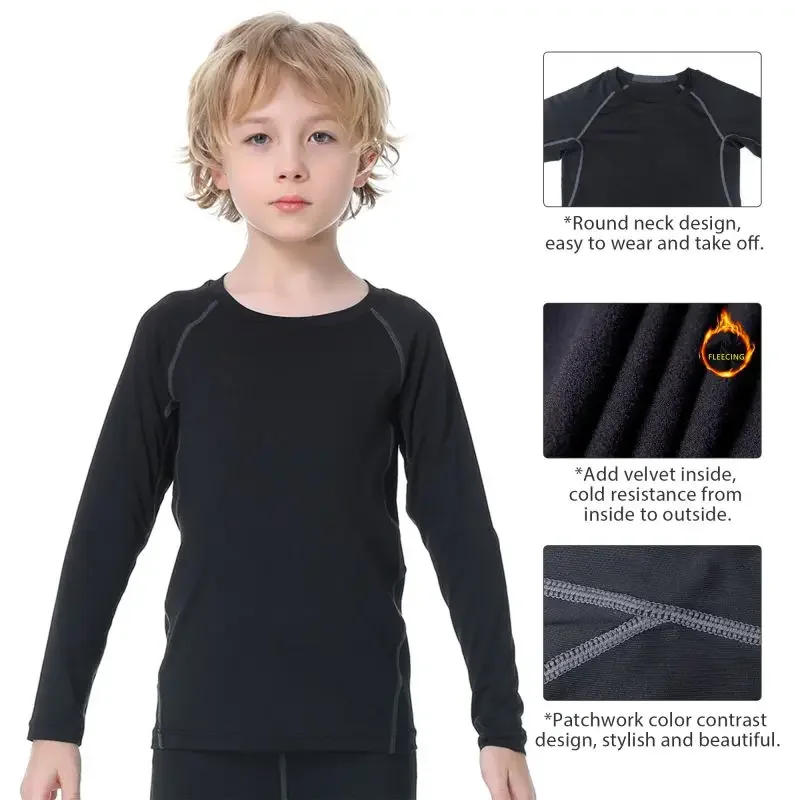 Children's Sports Compression T-shirt Long Sleeved Velvet Top Fitness Quick-Drying Training Football Kid Fleece Base Layer Shirt