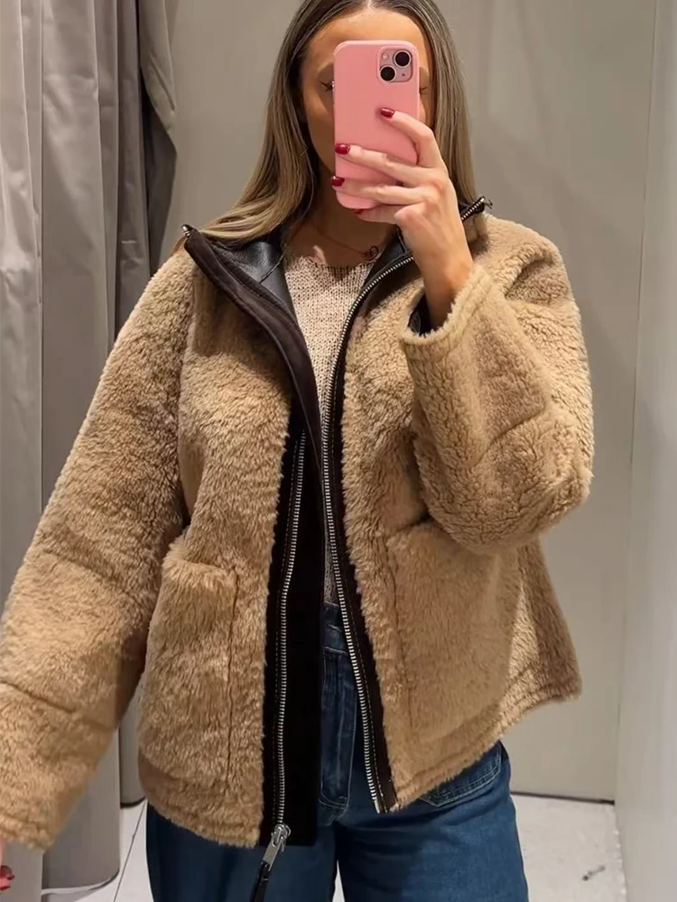 Faux Fur Jacket For Women Stand Collar Pockets Loose Warm Short Leather Fur One Piece Coats Lady Winter Fashion Streetwear