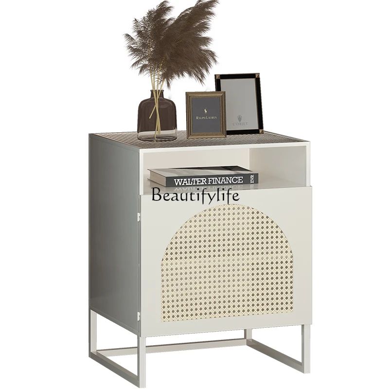 

Nordic Bedside Table Simple Modern Light Luxury Wrought Iron Minimalist White Rattan-like Glass Bedside Cabinet