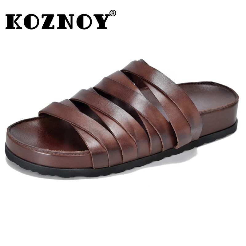 

Koznoy 3.5cm Weave Cow Genuine Leather Sandals Summer Flats Slides Comfy Women Breathable Fashion Designer Hollow Ladies Shoes