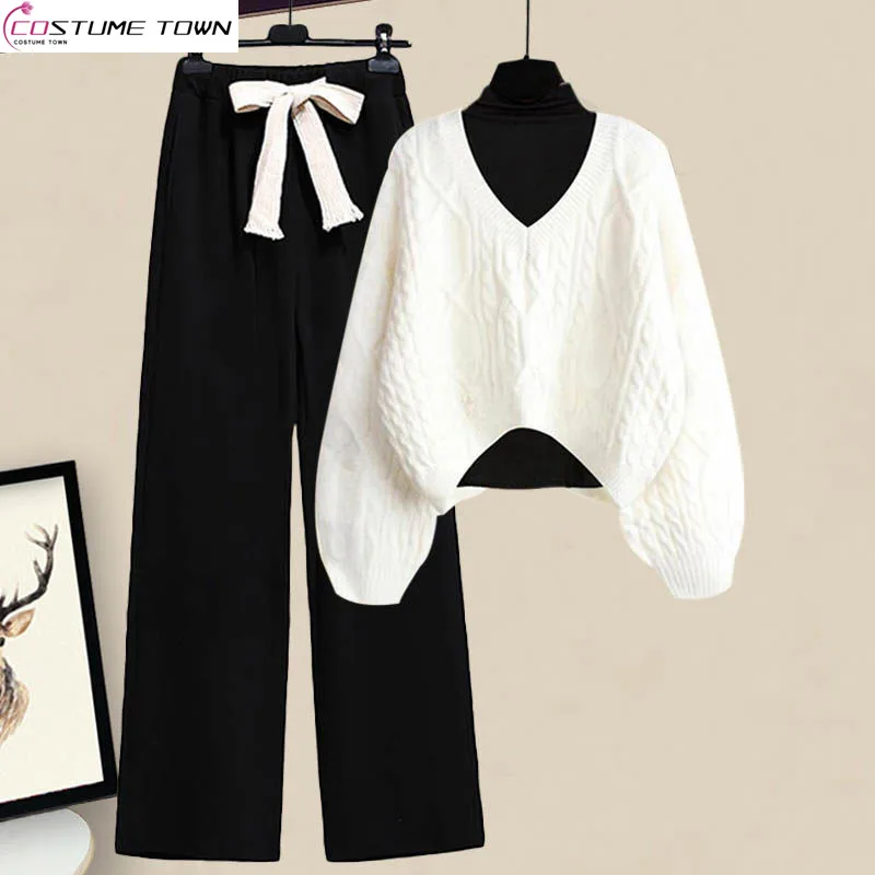 2023 Autumn/Winter New Sweater Three Piece Set Fashion Wear Sweet Temperament Women's Wide Leg Pants Set