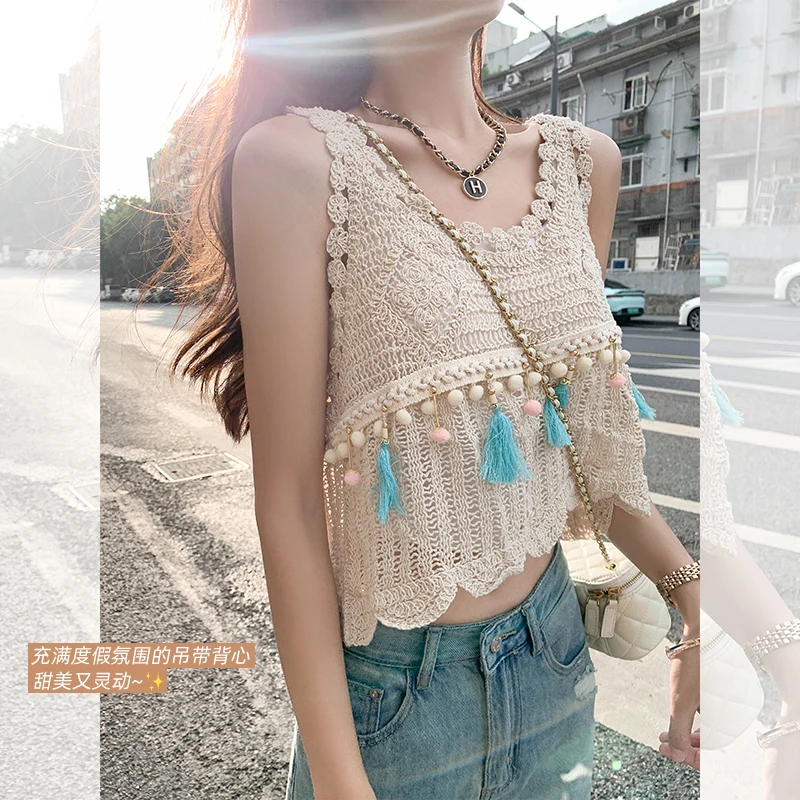 

Retro tassel design feeling knitted sleeveless tank top for women's summer new slim fit and slim outer wear short hollow top