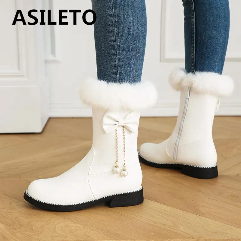 

ASILETO Sweet Winter Women Boots Round Toe Thick Heel 3cm Zippler Bowknot Pendant Small Size 28 29 Girls Warm Plush Snow Bota