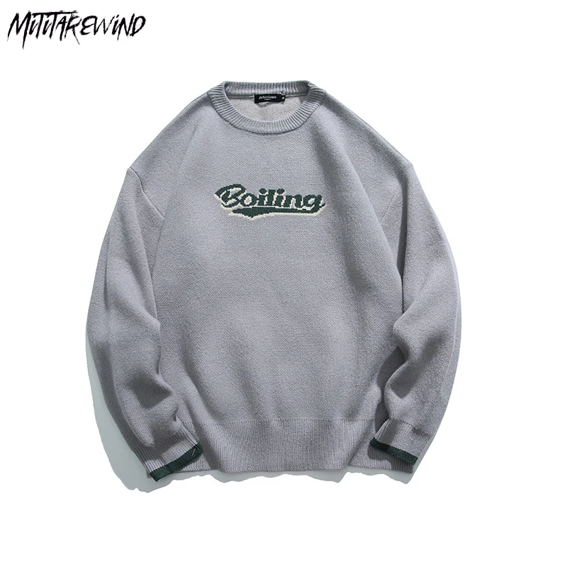 

Fashion Japanese Contrast Color Pullover O Neck Sweater Couple Long Sleeve Knitwear Letter Print Korean Autumn Winter New Tops