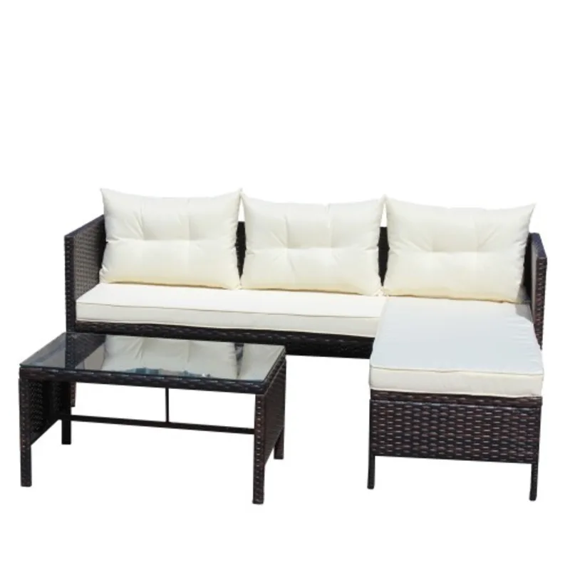 Outdoor Patio Furniture Sets 3 Piece Set Wicker Ratten Sectional Sofa With Seat Cushions(Beige Cushion) 2