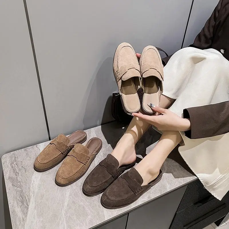 Summer New Muller Shoes Flat Bottom Half Slippers Genuine Leather Baotou Women's Shoes