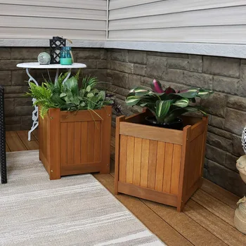 Wood 16-Inch Square Planter Box with Teak Oil Finish - Set of 2 adornos para plantas en macetas plant pots 1