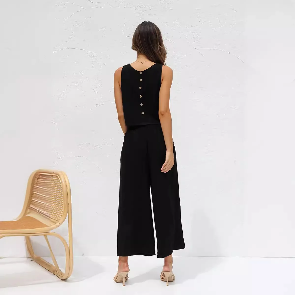 Women's Cotton and Linen Set Casual Sleeveless Button Up Vest + Nine-point Double Pocket Wide Leg Pant Set Fashion Summer