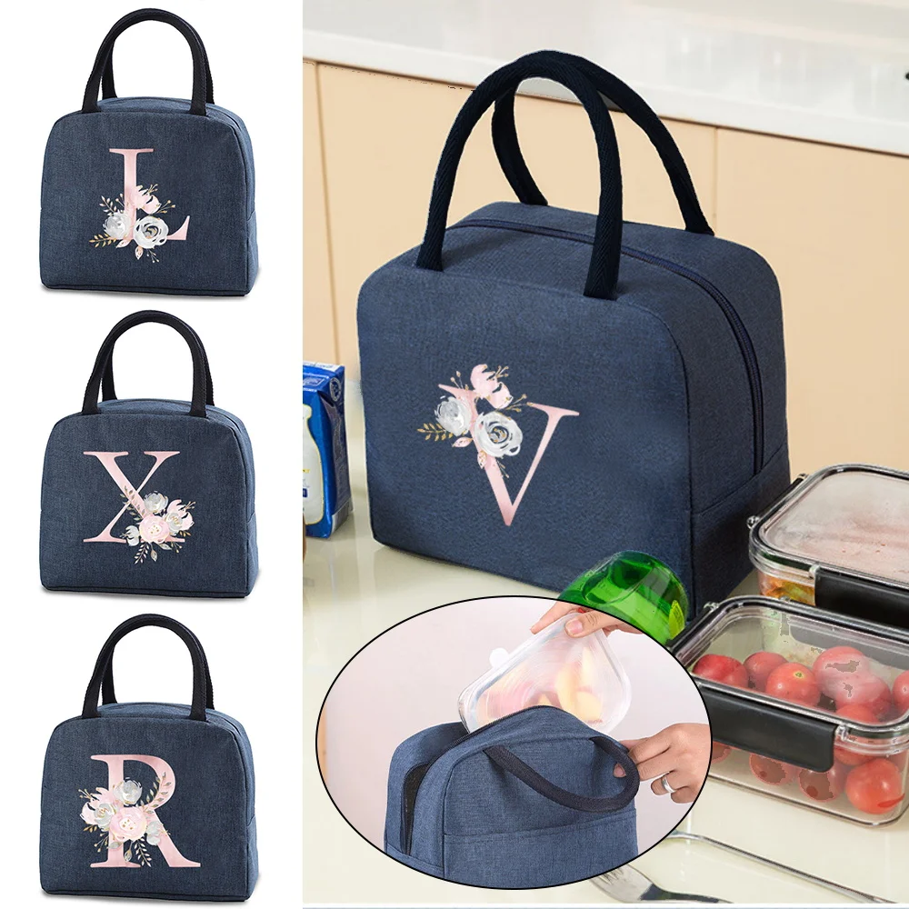 

Insulated Thermal Cooler Bag Lunch Foods Storage Chilled Bags Zip Picnic Tote Letter Pink Flower Print Font A B C D E Handbag