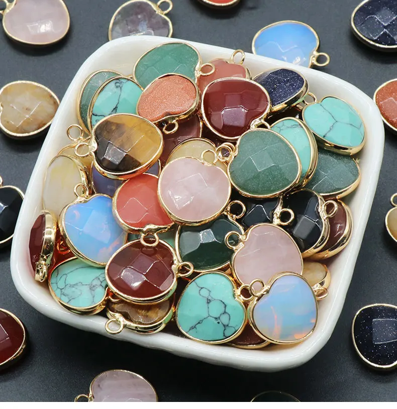 20pcs Natural Stone Heart Pendants Opal Rose Quartz Tiger's Eye Agate Crystal Charms for Diy Earrings Necklace Jewelry Making
