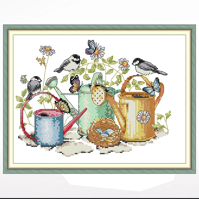 

Three birds and a kettle cartoon cross-stitch living room bedroom hanging painting, 11CT/14CT hand-embroidered