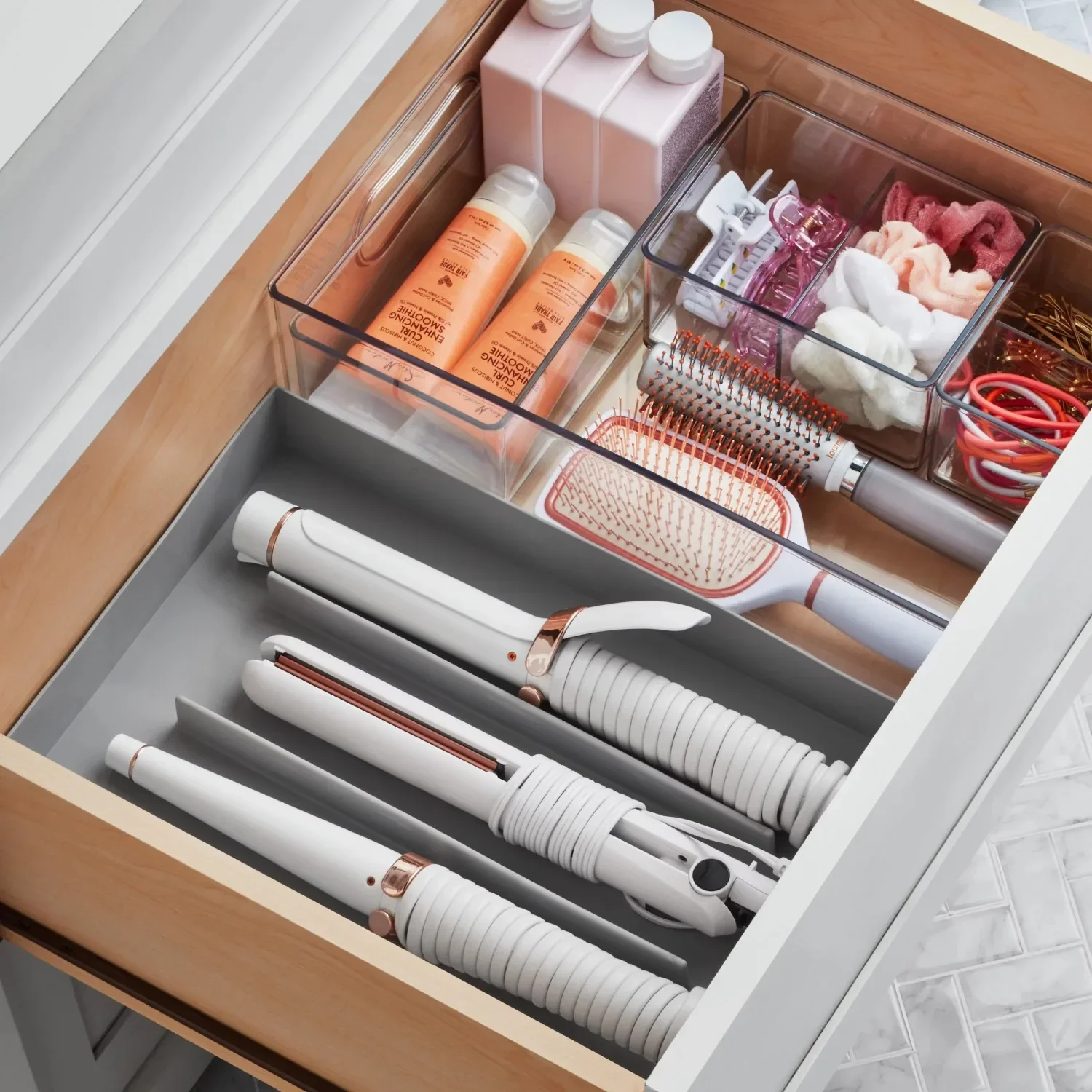 

g Hair Tool Bin with Silicone Insert, Clear Plastic Storage Bin