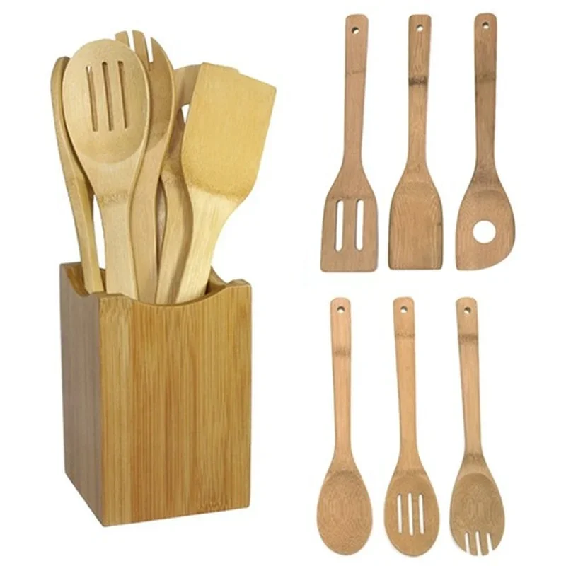Kitchen Utensils 1/6pcs Bamboo Spoon Spatula Cooking Tool Mixing Set
