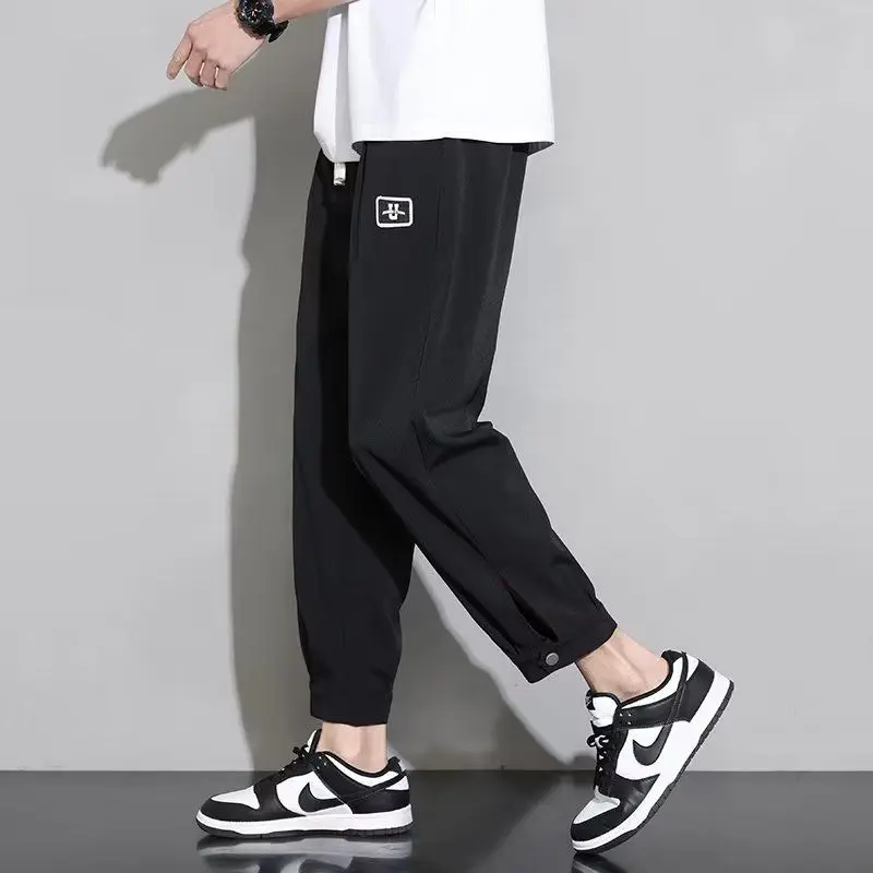 Ice Shreds Sagging Sensation Sweatpants Trousers Men's Summer New Elastic Drawstring Button Fashion Trendy Loose Harlan Pants